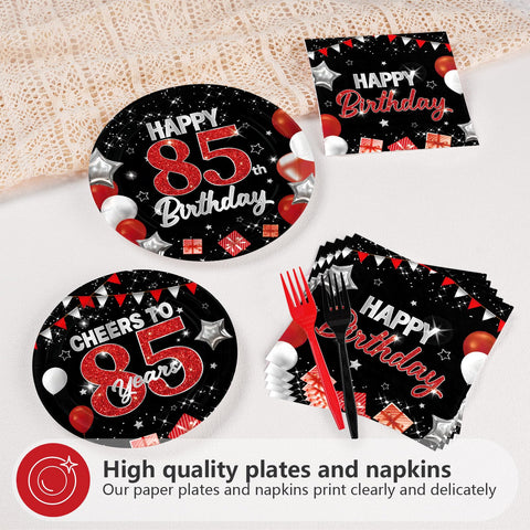 96 Pcs Black Red 85th Birthday Party Plates and Napkins - Grencian