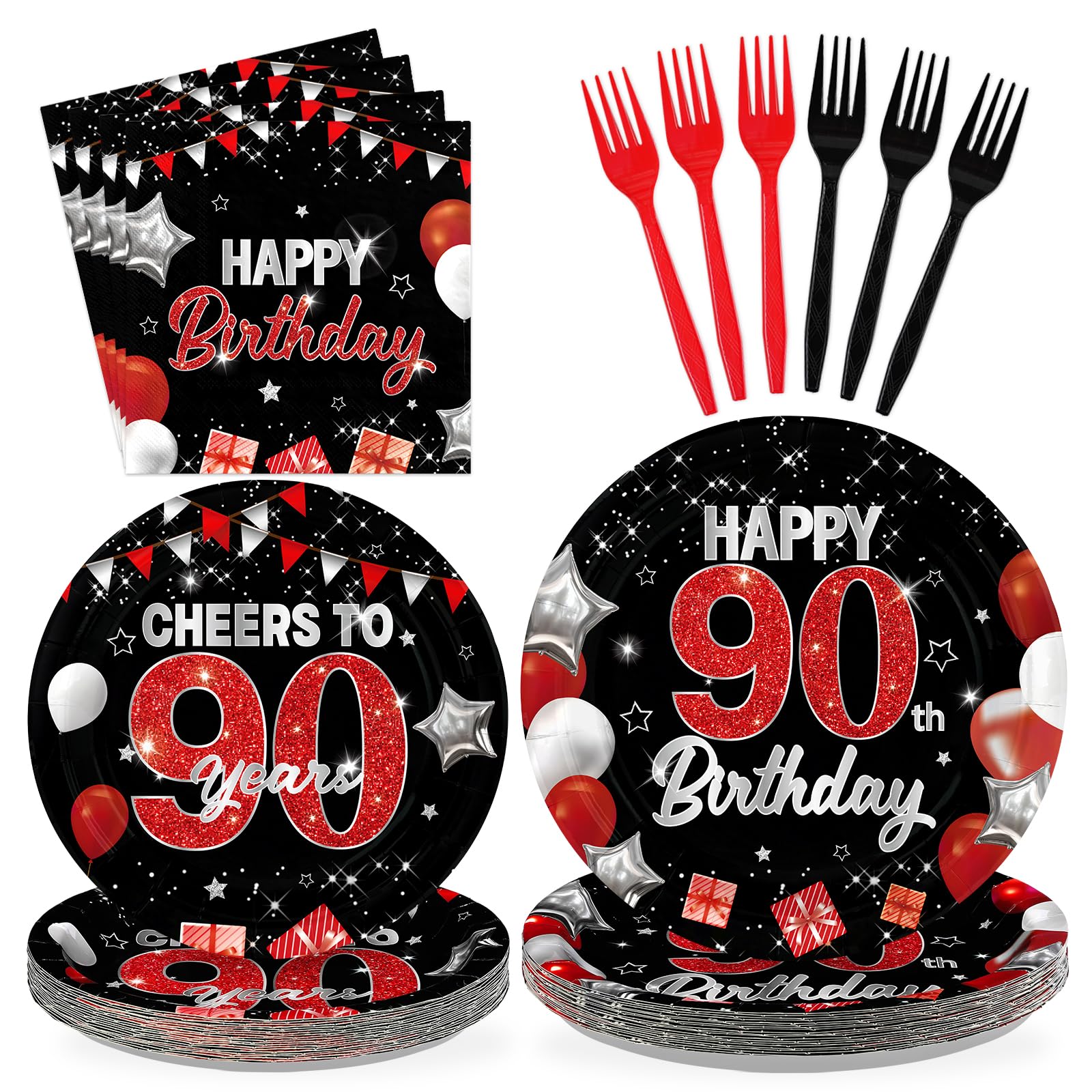 96 Pcs Black Red 90th Birthday Party Plates and Napkins - Grencian