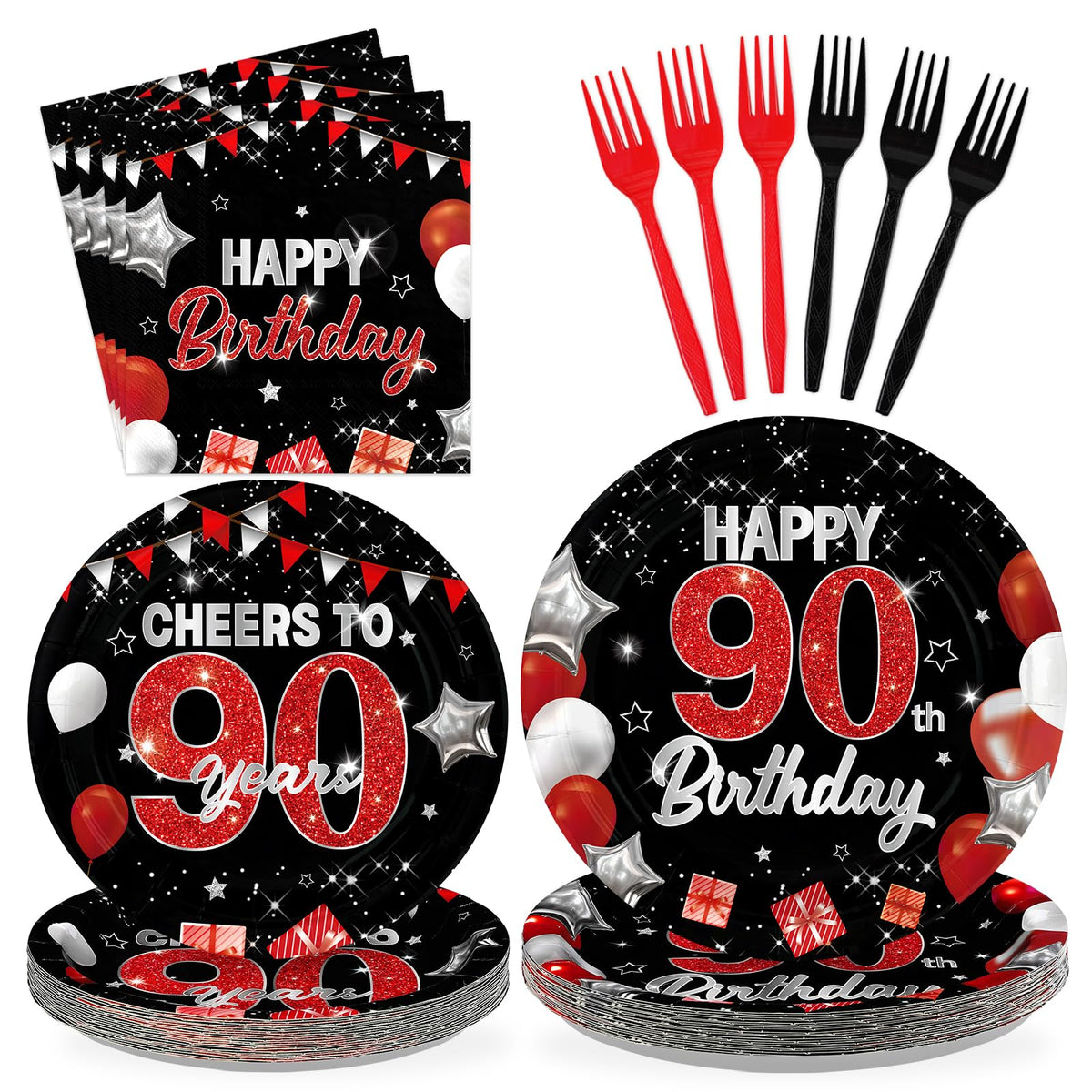 96 Pcs Black Red 90th Birthday Party Plates and Napkins - Grencian