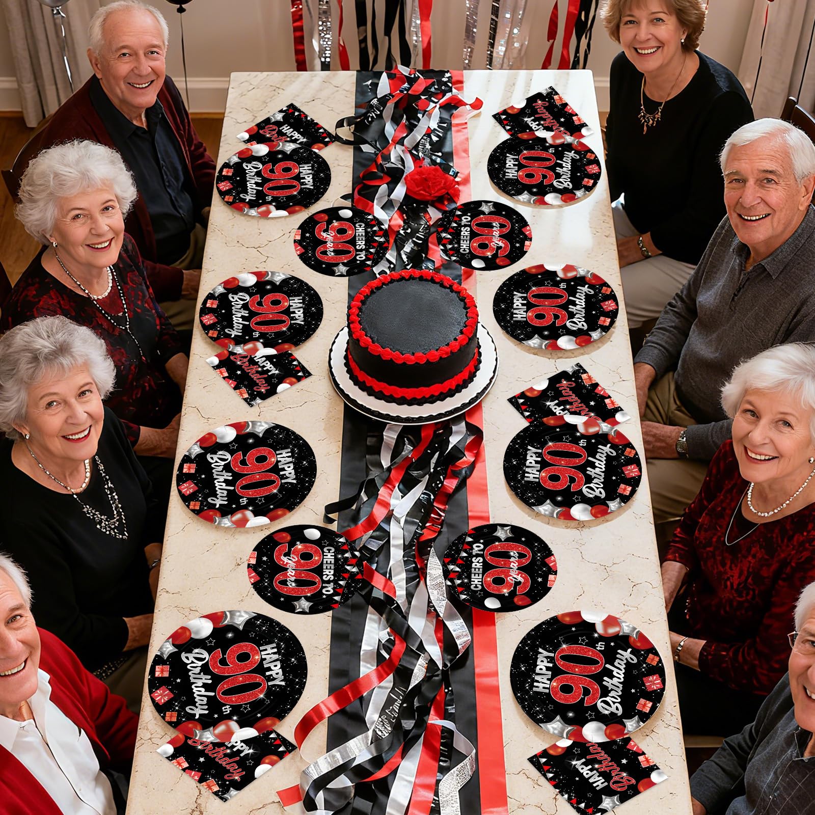 96 Pcs Black Red 90th Birthday Party Plates and Napkins - Grencian