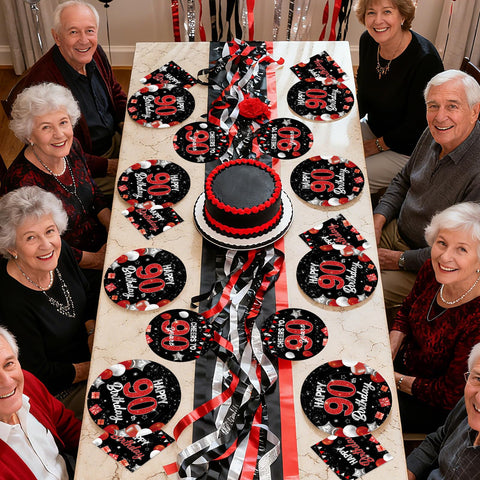 96 Pcs Black Red 90th Birthday Party Plates and Napkins - Grencian
