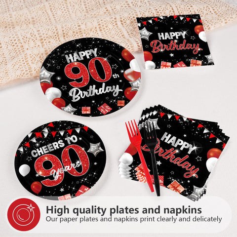 96 Pcs Black Red 90th Birthday Party Plates and Napkins - Grencian