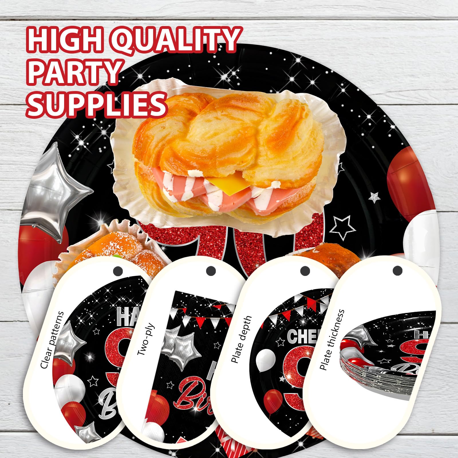 96 Pcs Black Red 90th Birthday Party Plates and Napkins - Grencian