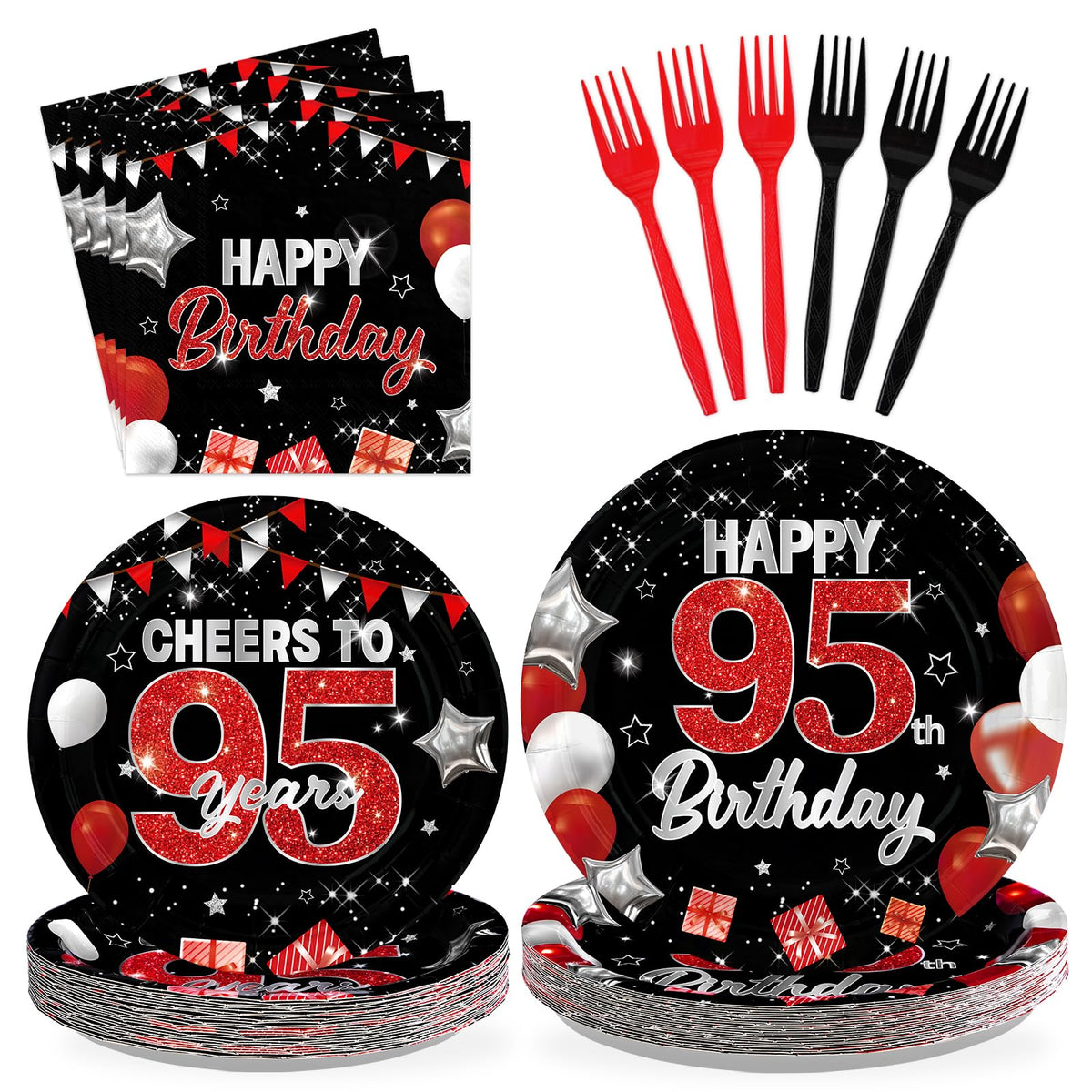 96 Pcs Black Red 95th Birthday Party Plates and Napkins - Grencian