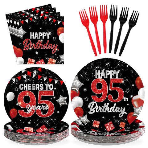 96 Pcs Black Red 95th Birthday Party Plates and Napkins - Grencian