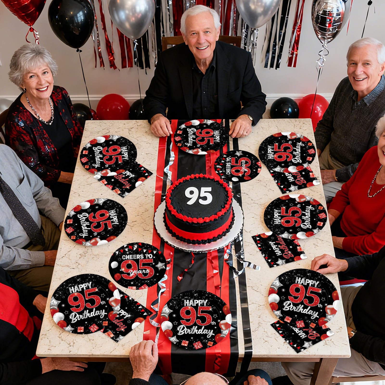 96 Pcs Black Red 95th Birthday Party Plates and Napkins - Grencian