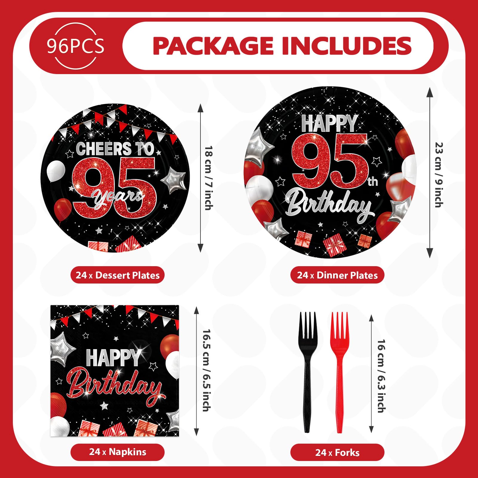 96 Pcs Black Red 95th Birthday Party Plates and Napkins - Grencian