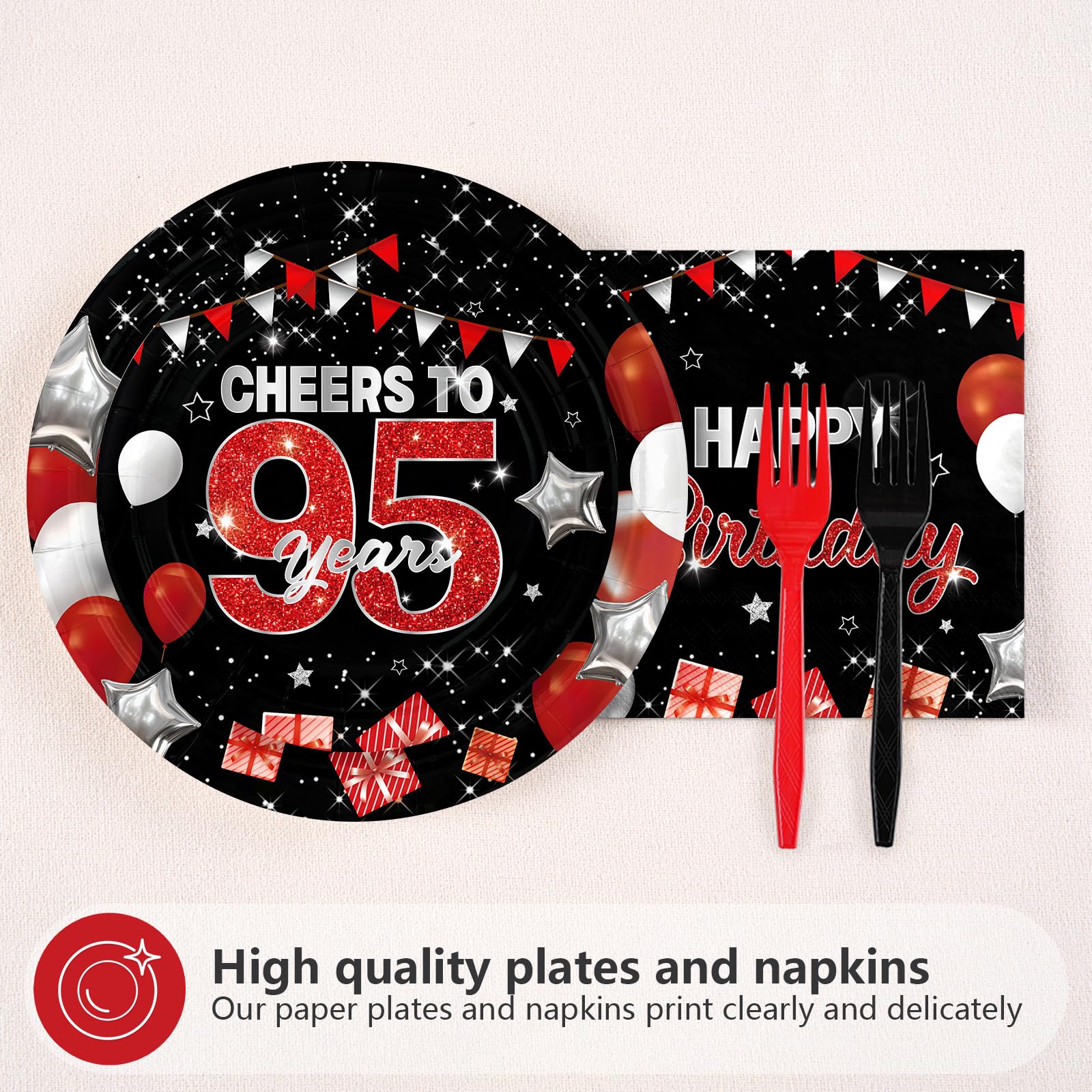 96 Pcs Black Red 95th Birthday Party Plates and Napkins - Grencian