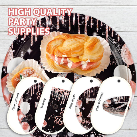 96 pièces Assiettes et serviettes couleur or rose pour une fête d'anniversaire de 40 ans