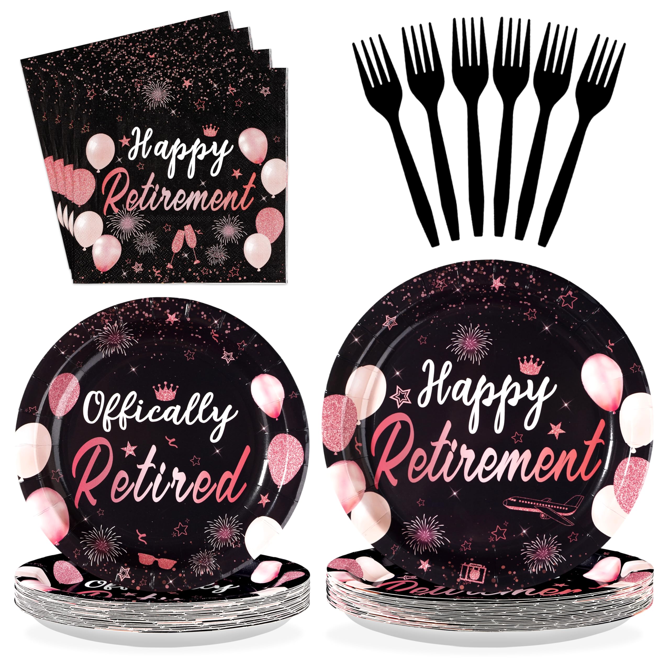 96 Pcs Black Rose Retirement Party Plates and Napkins - Grencian