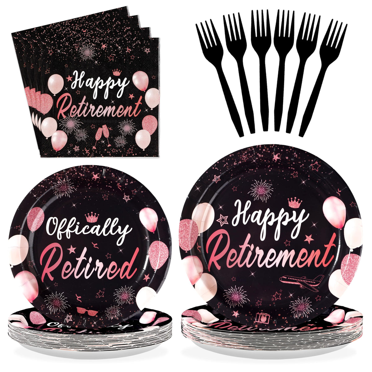 96 Pcs Black Rose Retirement Party Plates and Napkins - Grencian