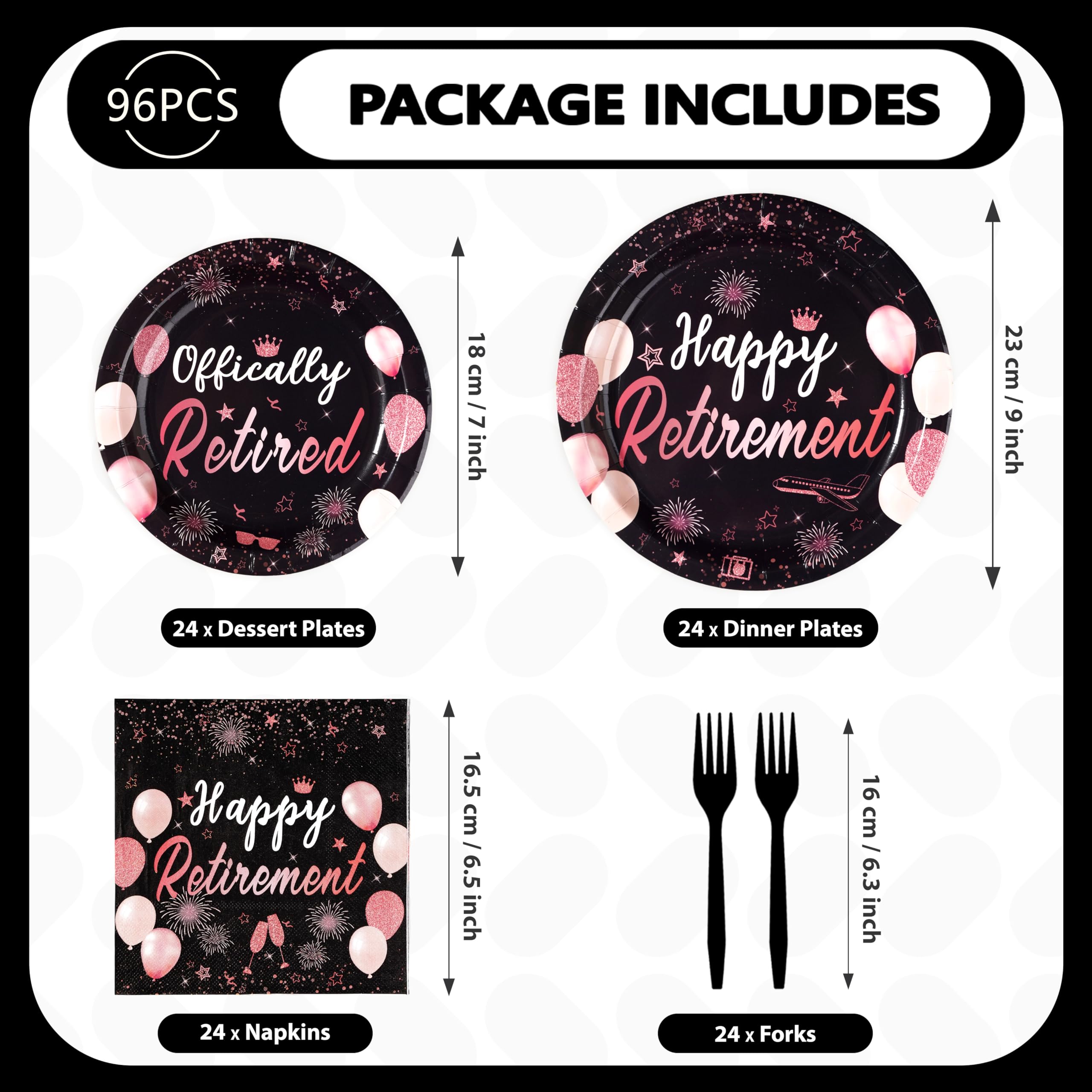 96 Pcs Black Rose Retirement Party Plates and Napkins - Grencian