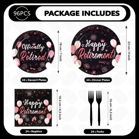 96 Pcs Black Rose Retirement Party Plates and Napkins - Grencian