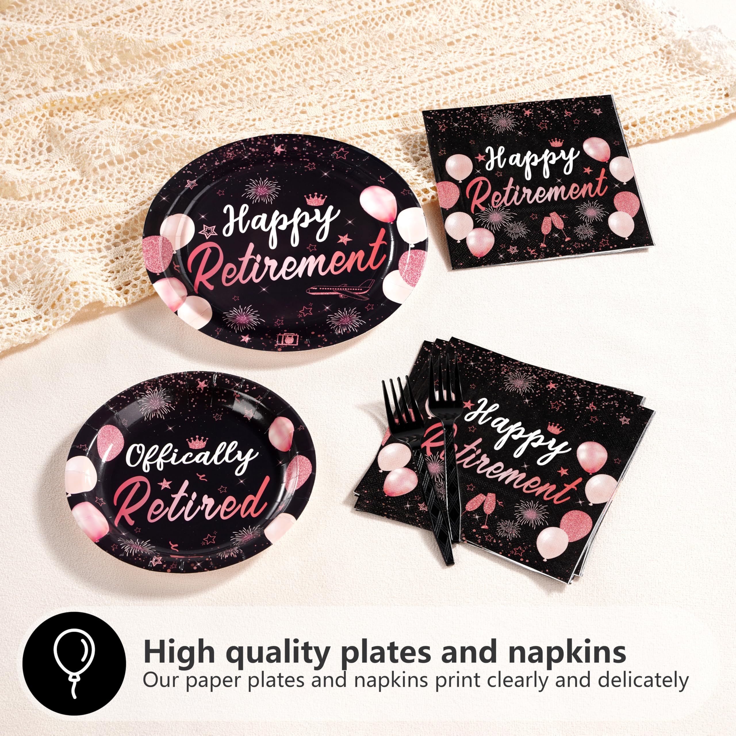 96 Pcs Black Rose Retirement Party Plates and Napkins - Grencian
