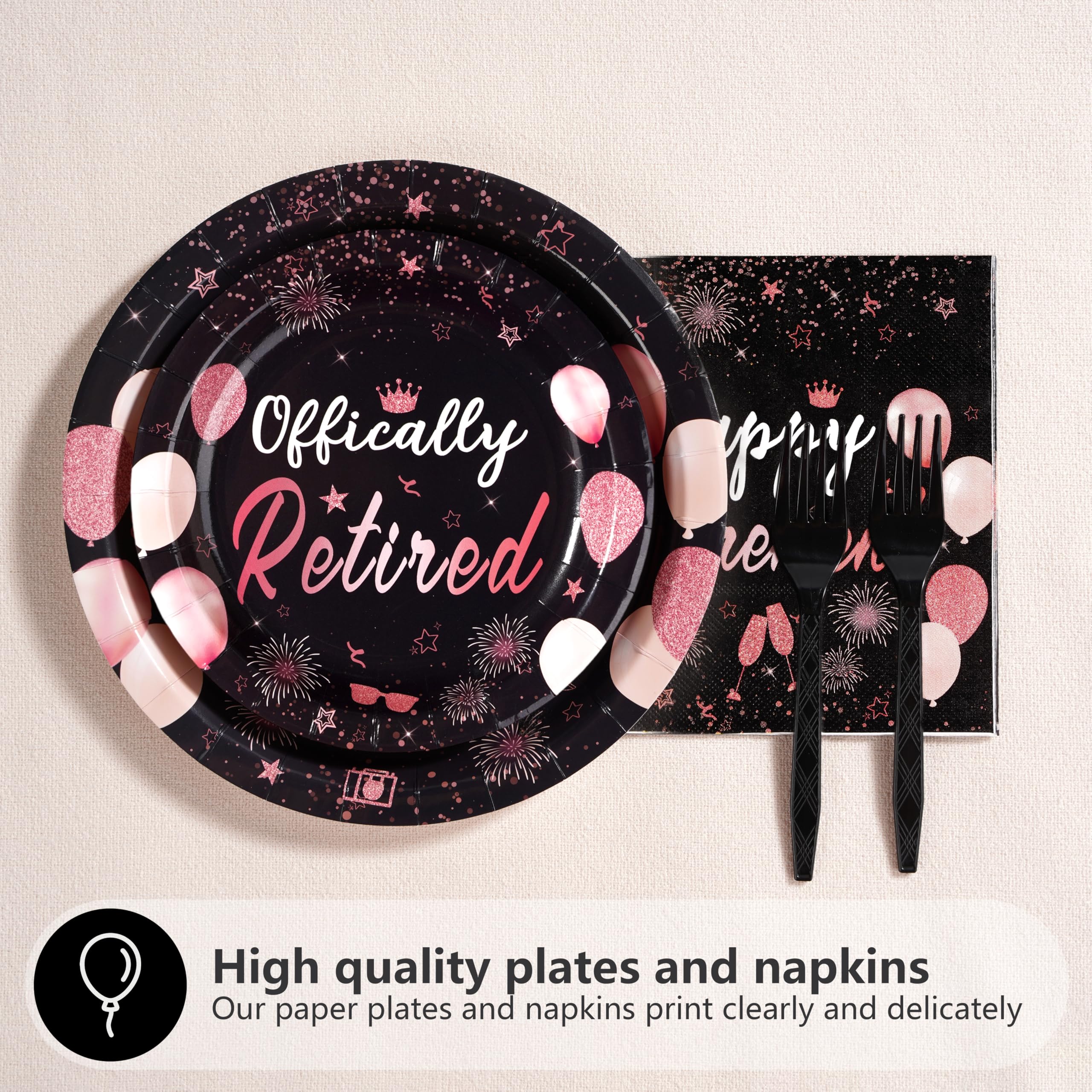 96 Pcs Black Rose Retirement Party Plates and Napkins - Grencian