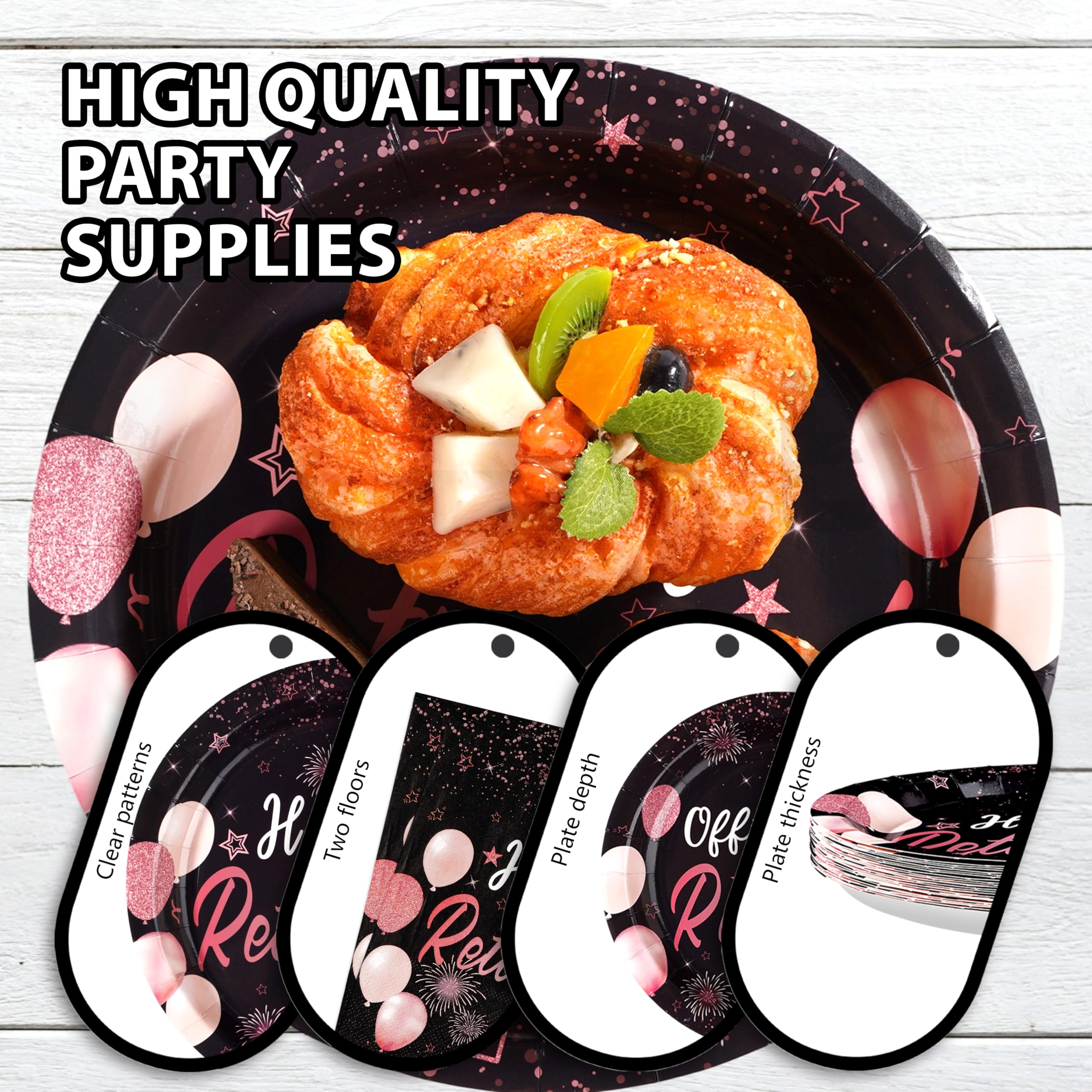 96 Pcs Black Rose Retirement Party Plates and Napkins - Grencian