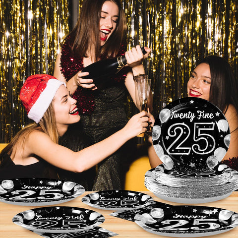 96 Pcs Black Silver 25th Birthday Party Plates and Napkins - Grencian
