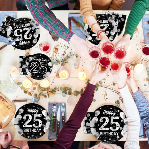96 Pcs Black Silver 25th Birthday Party Plates and Napkins - Grencian