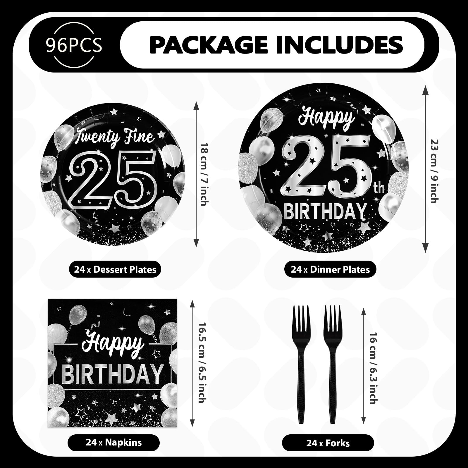 96 Pcs Black Silver 25th Birthday Party Plates and Napkins - Grencian