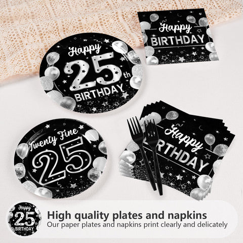 96 Pcs Black Silver 25th Birthday Party Plates and Napkins - Grencian