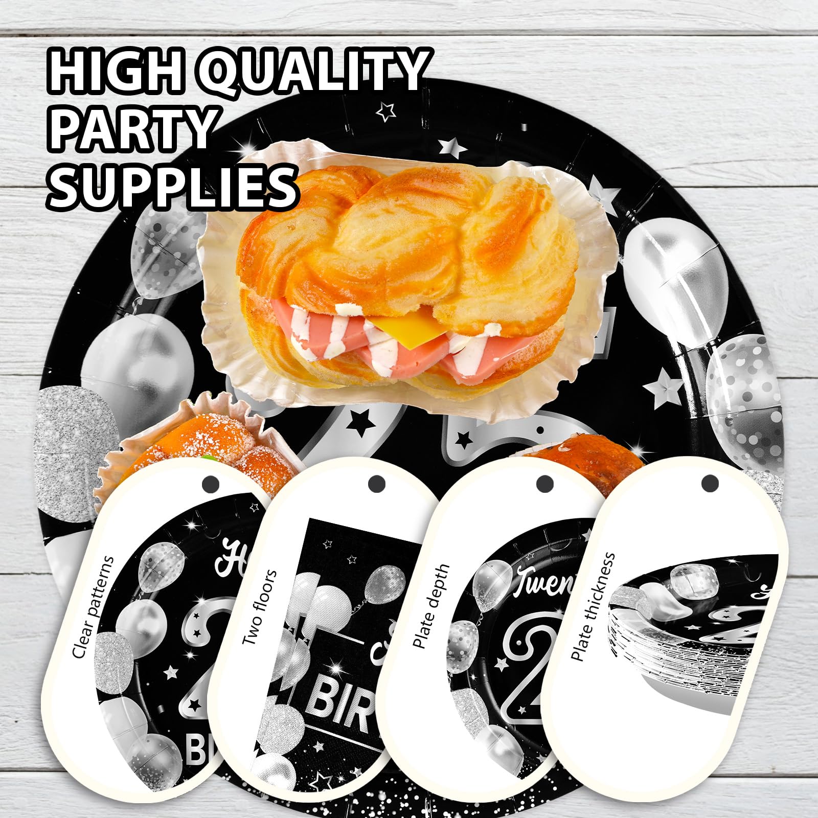 96 Pcs Black Silver 25th Birthday Party Plates and Napkins - Grencian