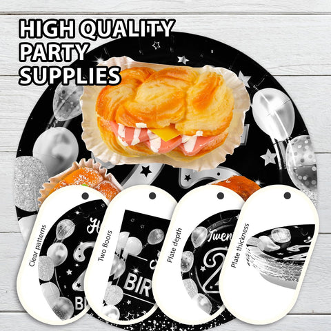 96 Pcs Black Silver 25th Birthday Party Plates and Napkins - Grencian