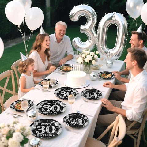 96 Pcs Black Silver 30th Birthday Party Plates and Napkins - Grencian