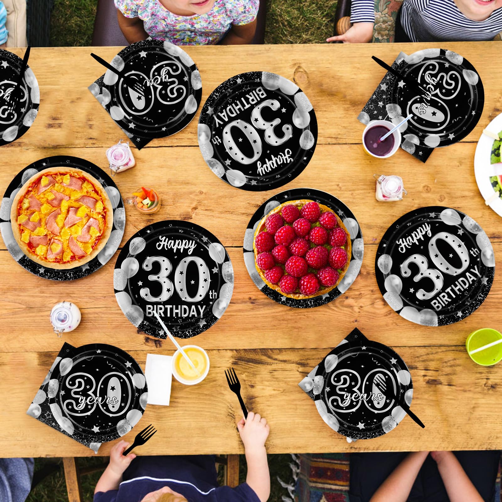 96 Pcs Black Silver 30th Birthday Party Plates and Napkins - Grencian