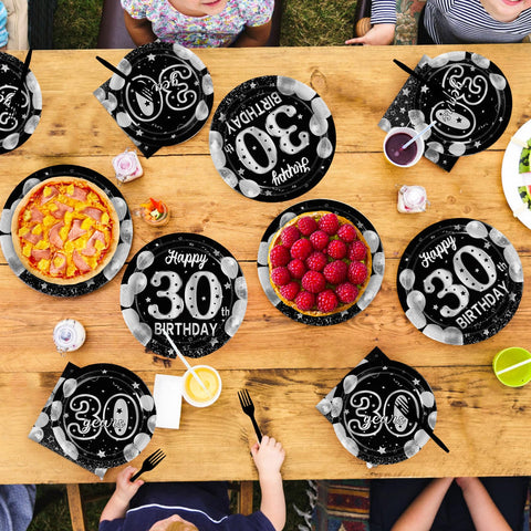 96 Pcs Black Silver 30th Birthday Party Plates and Napkins - Grencian
