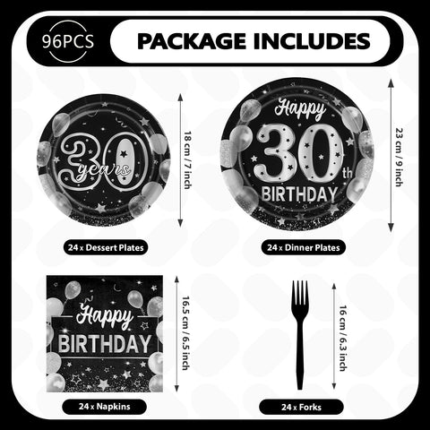 96 Pcs Black Silver 30th Birthday Party Plates and Napkins - Grencian