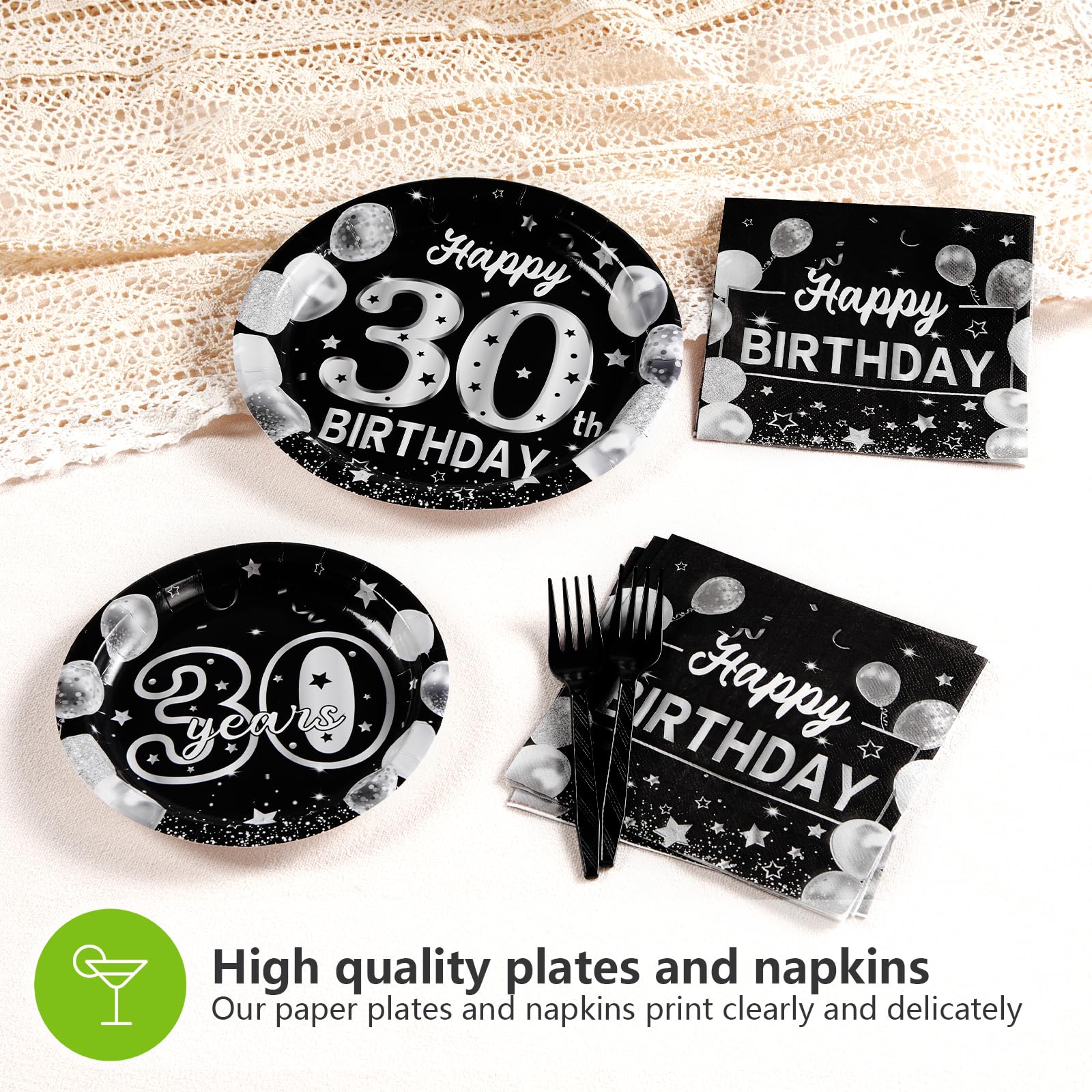96 Pcs Black Silver 30th Birthday Party Plates and Napkins - Grencian