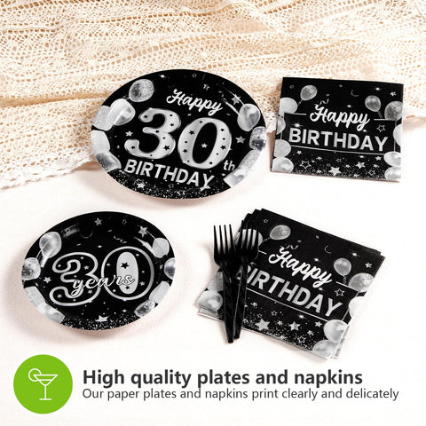 96 Pcs Black Silver 30th Birthday Party Plates and Napkins - Grencian