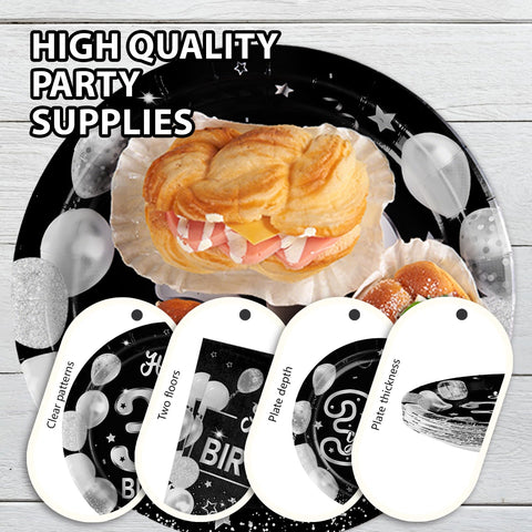 96 Pcs Black Silver 30th Birthday Party Plates and Napkins - Grencian