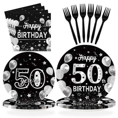 96 Pcs Black Silver 50th Birthday Party Plates and Napkins - Grencian