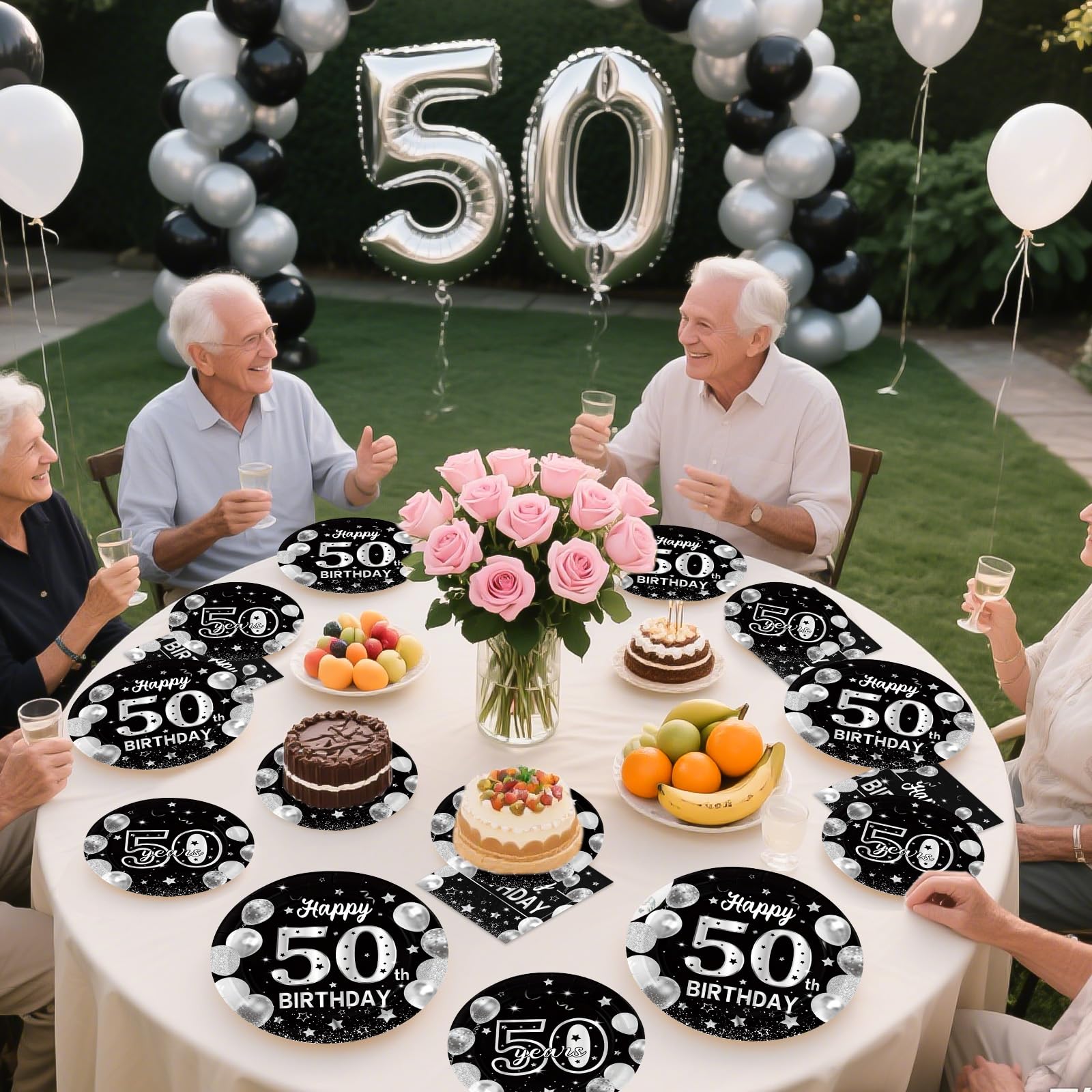 96 Pcs Black Silver 50th Birthday Party Plates and Napkins - Grencian