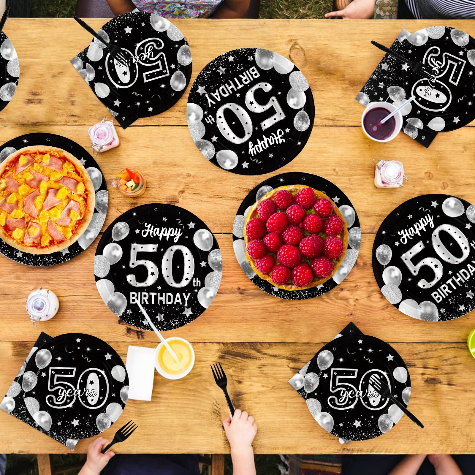 96 Pcs Black Silver 50th Birthday Party Plates and Napkins - Grencian