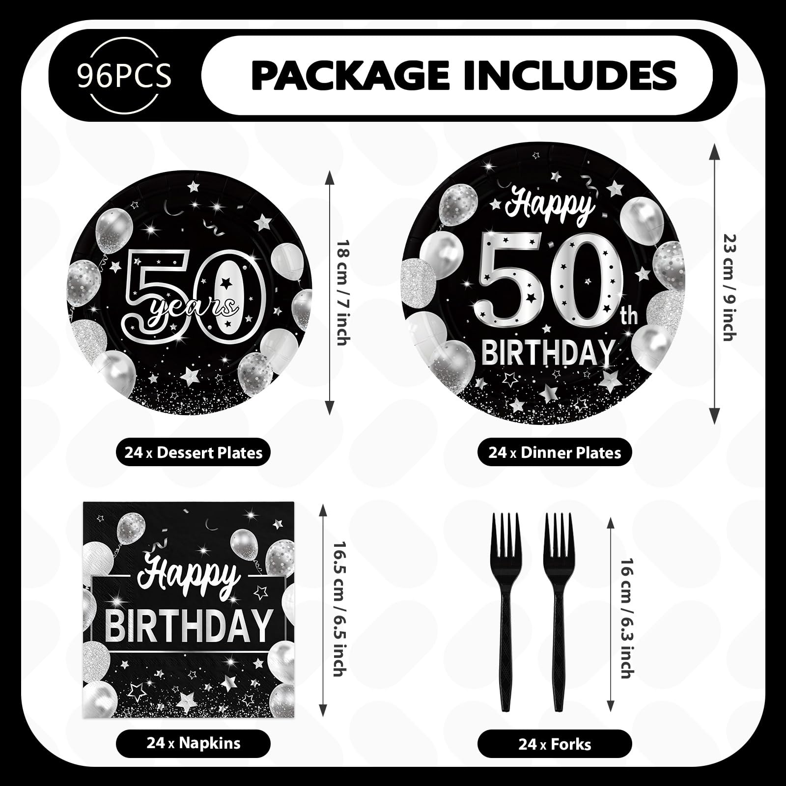 96 Pcs Black Silver 50th Birthday Party Plates and Napkins - Grencian