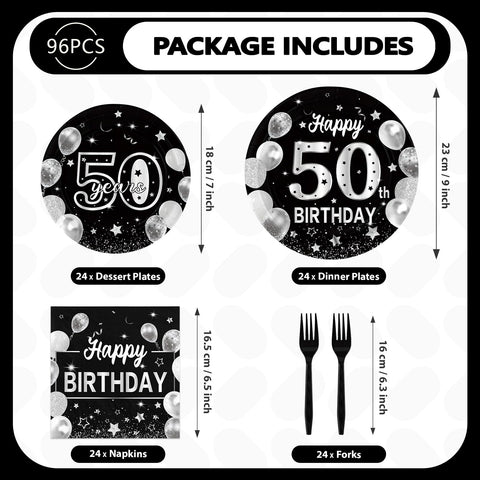 96 Pcs Black Silver 50th Birthday Party Plates and Napkins - Grencian