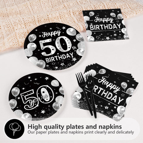 96 Pcs Black Silver 50th Birthday Party Plates and Napkins - Grencian