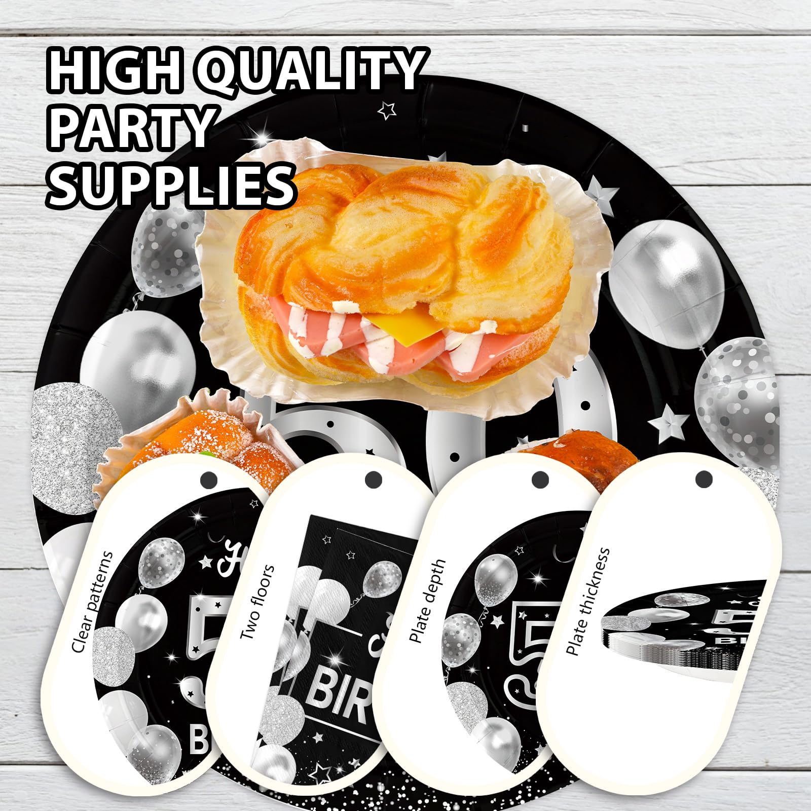96 Pcs Black Silver 50th Birthday Party Plates and Napkins - Grencian