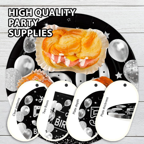 96 Pcs Black Silver 50th Birthday Party Plates and Napkins - Grencian