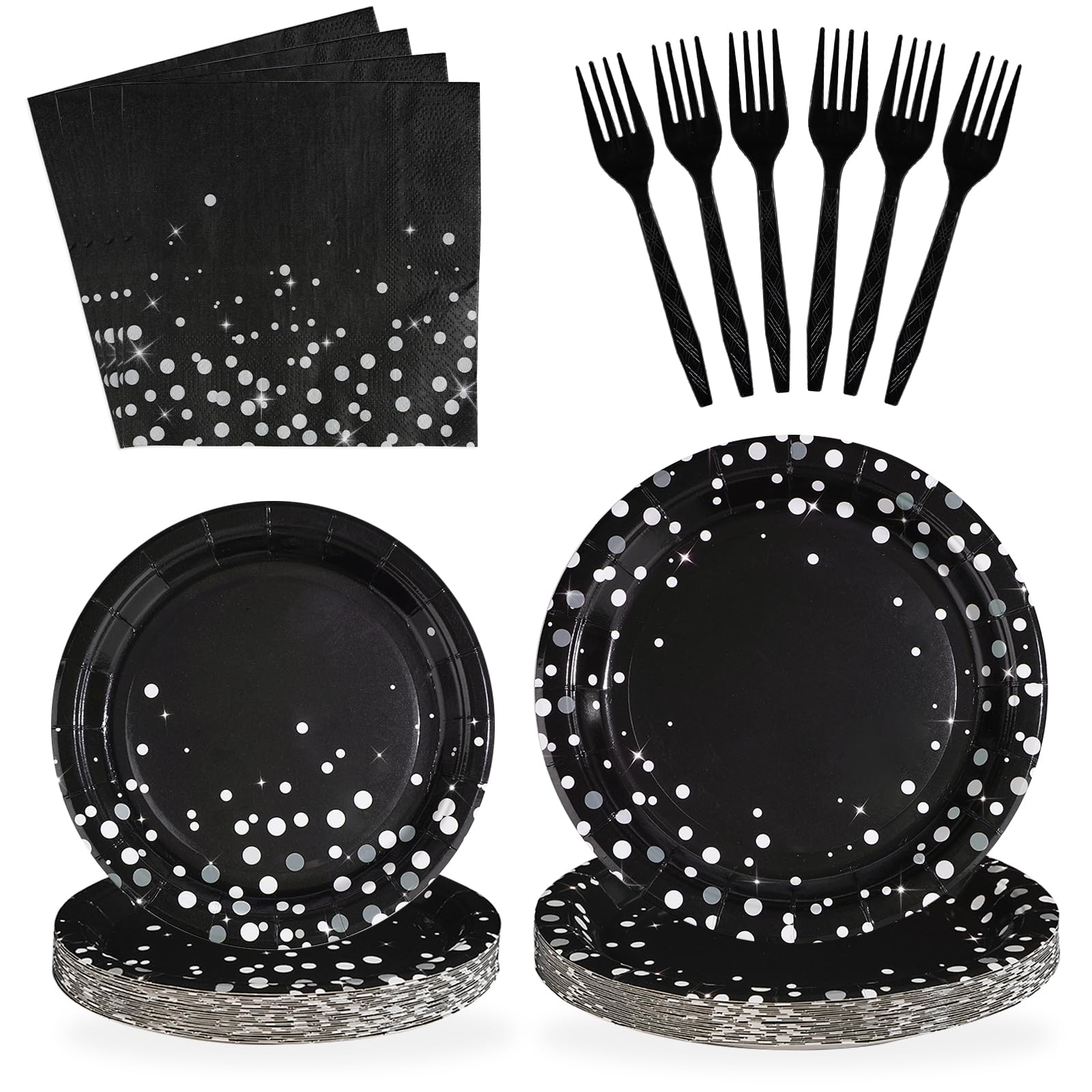 96 Pcs Black Silver Dot Party Plates and Napkins - Grencian