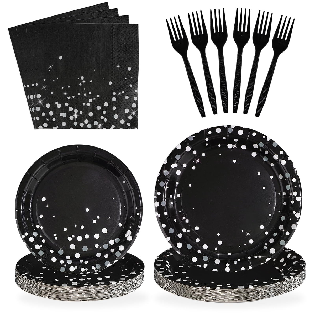 96 Pcs Black Silver Dot Party Plates and Napkins - Grencian