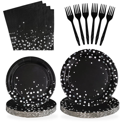 96 Pcs Black Silver Dot Party Plates and Napkins - Grencian
