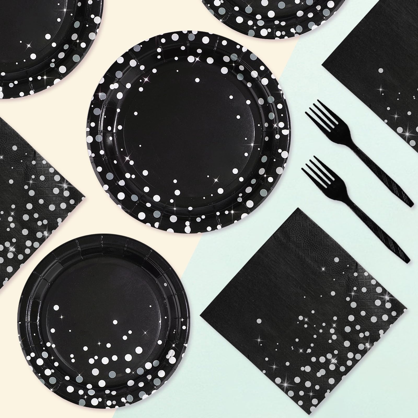 96 Pcs Black Silver Dot Party Plates and Napkins - Grencian