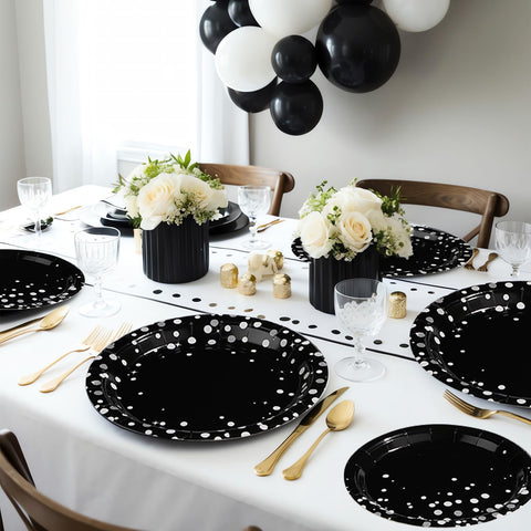 96 Pcs Black Silver Dot Party Plates and Napkins - Grencian