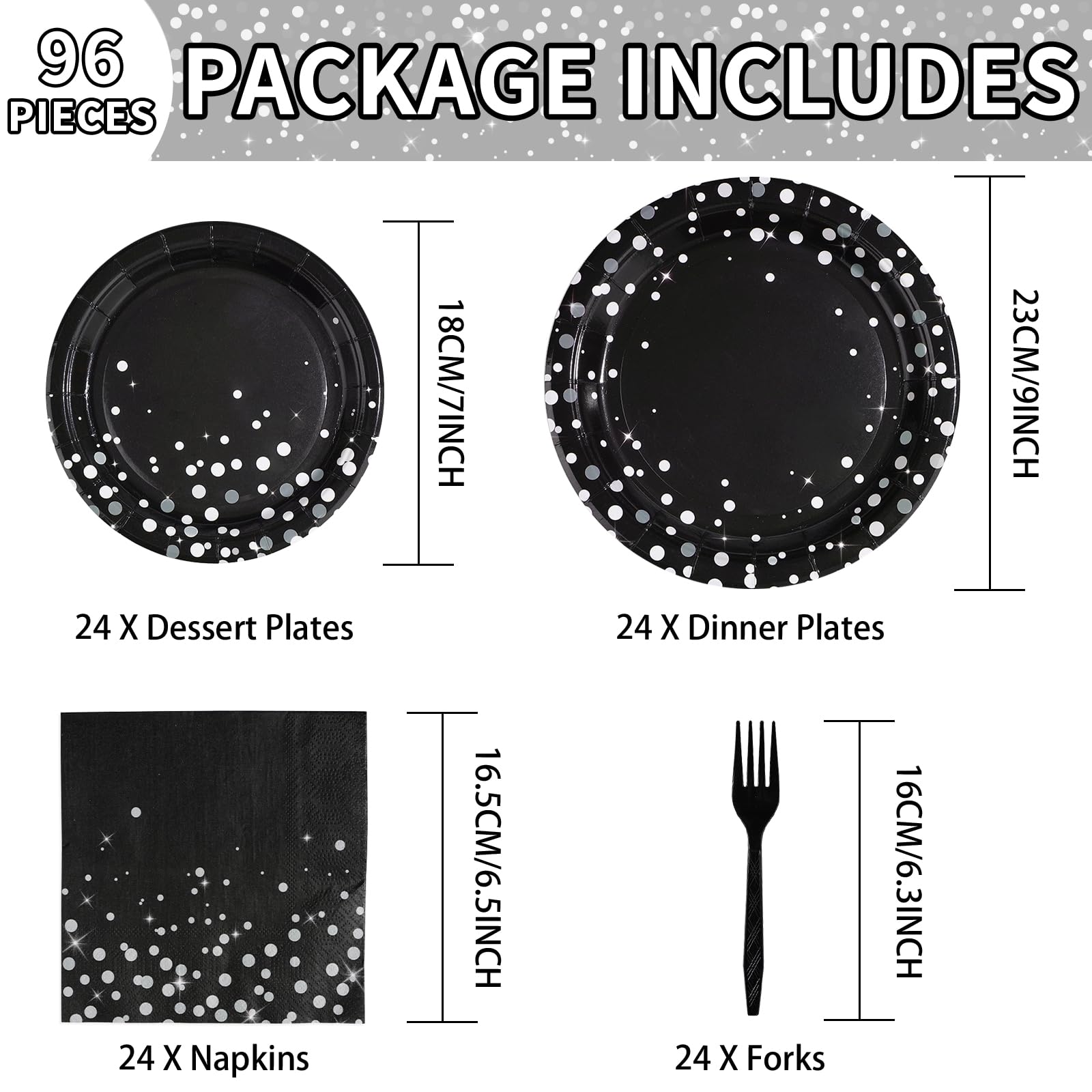 96 Pcs Black Silver Dot Party Plates and Napkins - Grencian