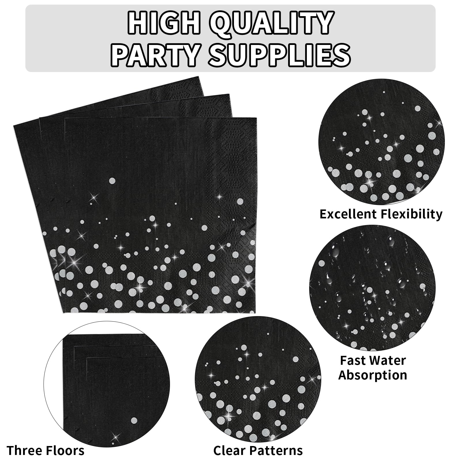 96 Pcs Black Silver Dot Party Plates and Napkins - Grencian
