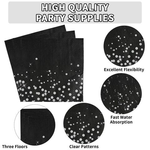 96 Pcs Black Silver Dot Party Plates and Napkins - Grencian