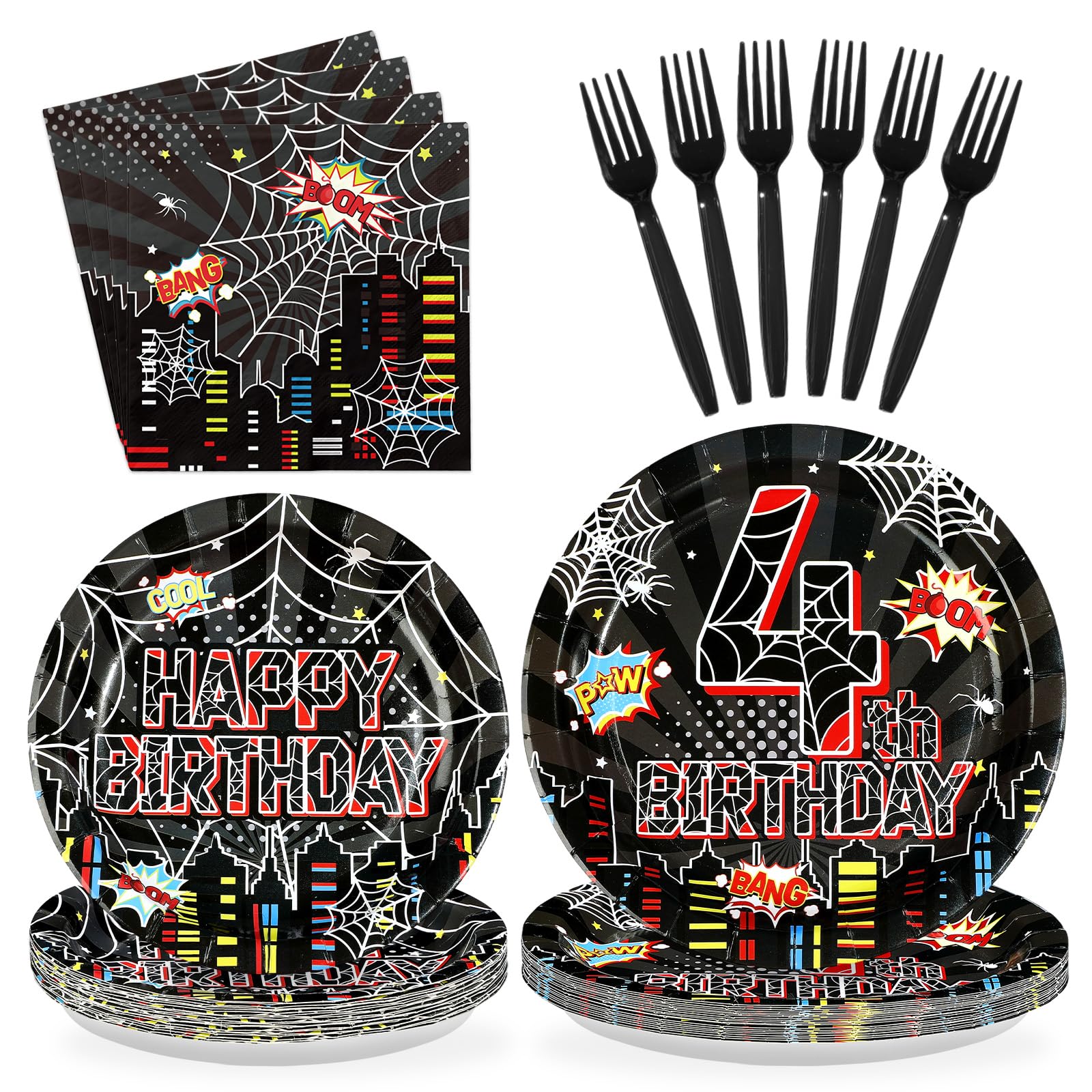 96 Pcs Black Spider 4th Birthday Party Plates and Napkins - Grencian
